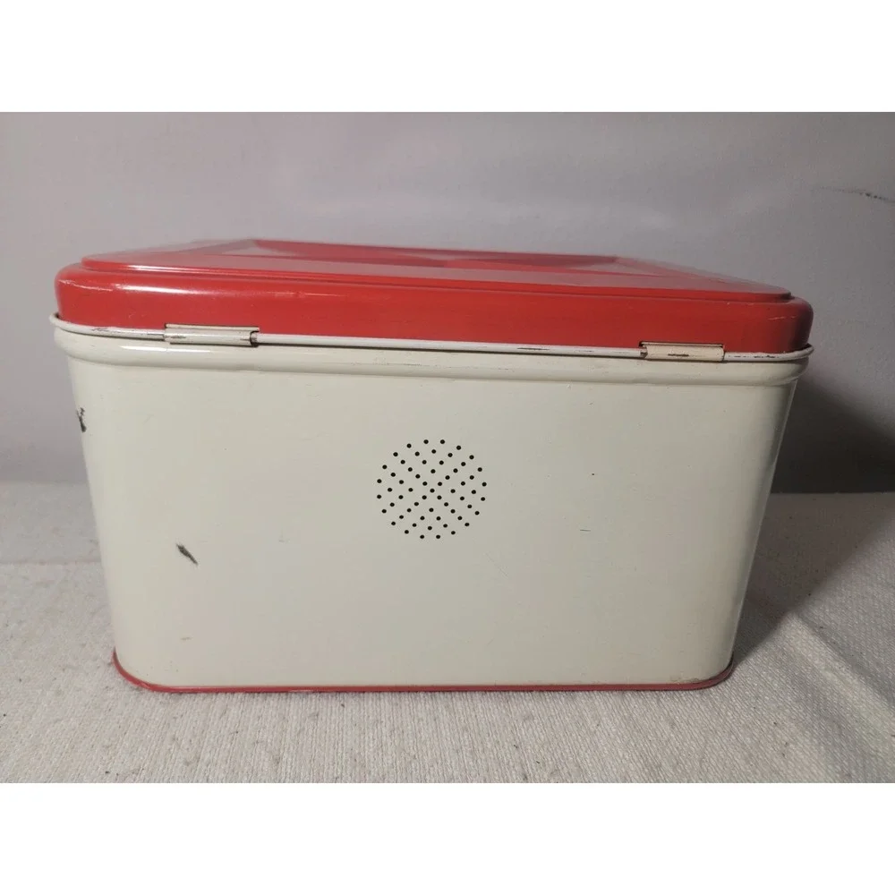 Vintage Tin Metal Breadbox Cream Red Floral Lattice Print Kitchen Storage Box